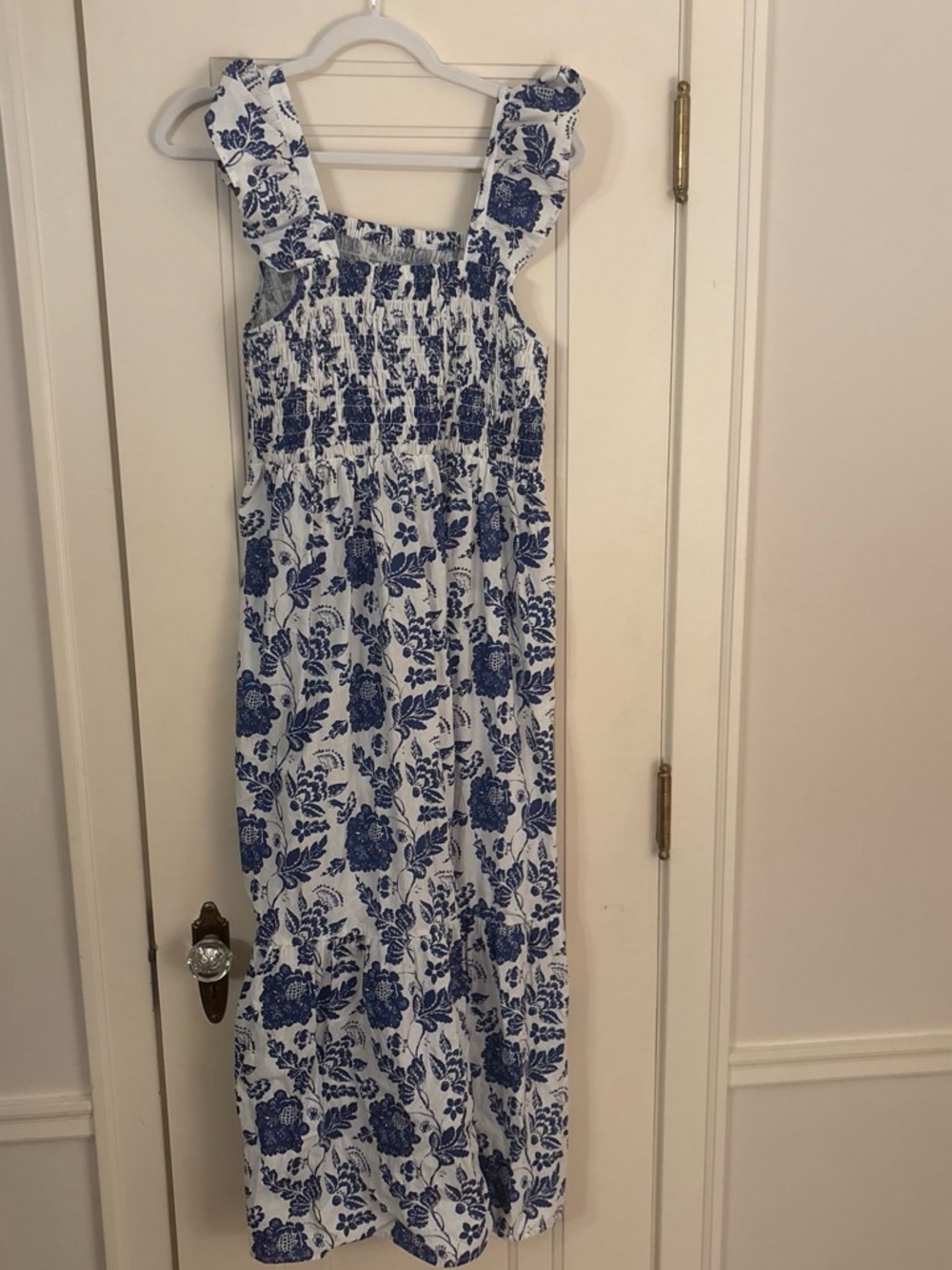 THML Blue and White Floral Maxi Dress with Ruffled Straps